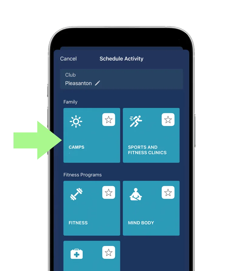 Bay Club Connect app Schedule Activity screen with Camps highlighted