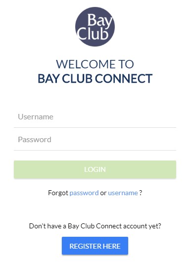 Bay Club Connect Login Screen